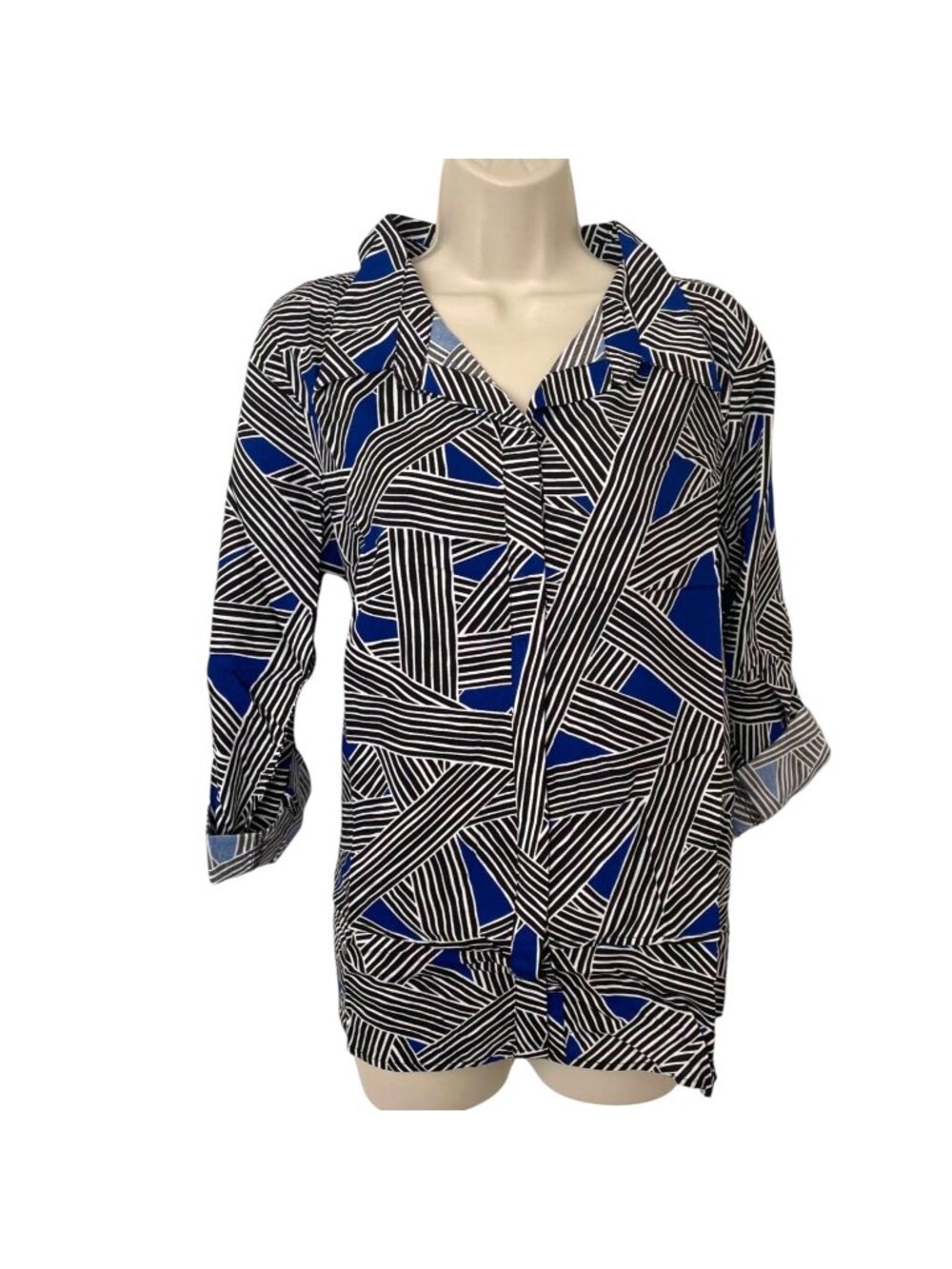 Escapada Hudson Top Womens Cobalt Blue Black Geometric Long Roll Tab Sleeve Sz M
